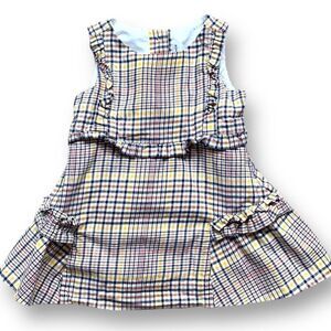 Janie & Jack Dress Tan Blue Plaid Sleeveless A-line Ruffle Detail Back Button